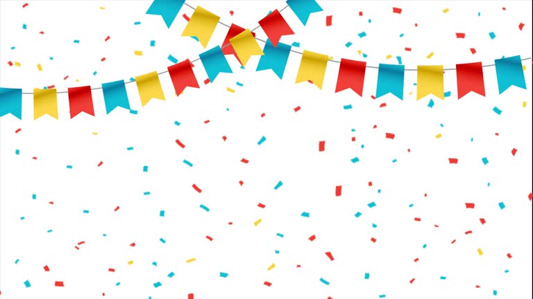 Party flags for birthday with ribbons. Animated holiday background