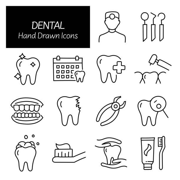Dental Related Hand Drawn Icons, Doodle Elements Vector Illustration Dental Related Hand Drawn Icons, Doodle Elements Vector Illustration drawing of a toothbrush toothpaste stock illustrations