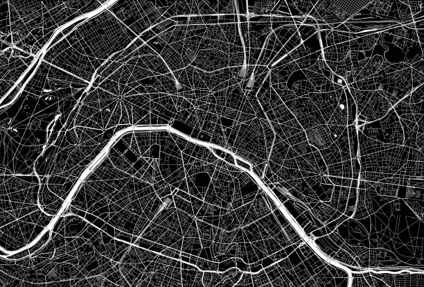 Elegant Silver Map of Paris City Center on Dark Gray Background Elegant Silver Map of Paris City Center on Dark Gray Background ile de france stock illustrations