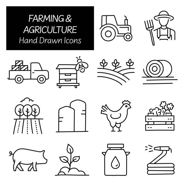 ilustrações de stock, clip art, desenhos animados e ícones de farming and agriculture related hand drawn icons, doodle elements vector illustration - farmer