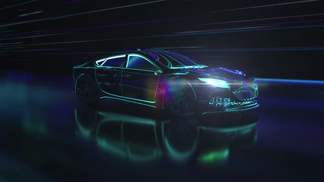 3d visualization: A prototype super car rushes through an undefined space made of neon lines. Animation of a modern vehicle in an artistic style in blue tones, futuristic concept.