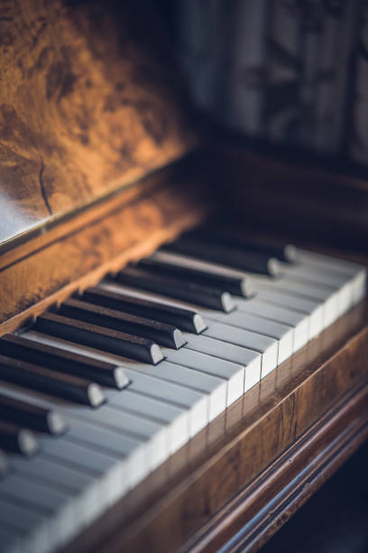 istock Vintage mahogany upright piano keys, with selective focus in sunlight 1316815836