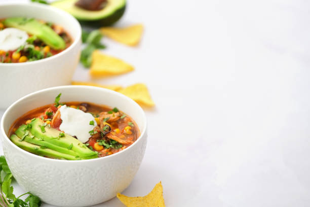 Mexican food. Chicken enchilada soup. stock photo