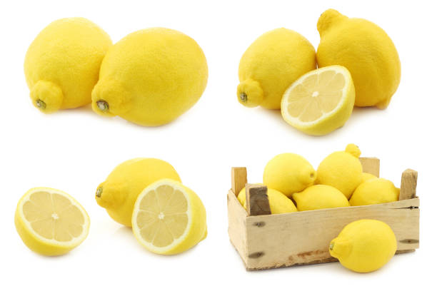 Ripe yellow lemon citrus fruit on white background