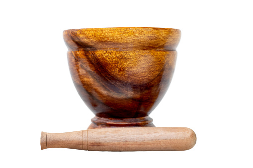 A popular wooden mortar to pound papaya of Thai people isolate on a white background.
