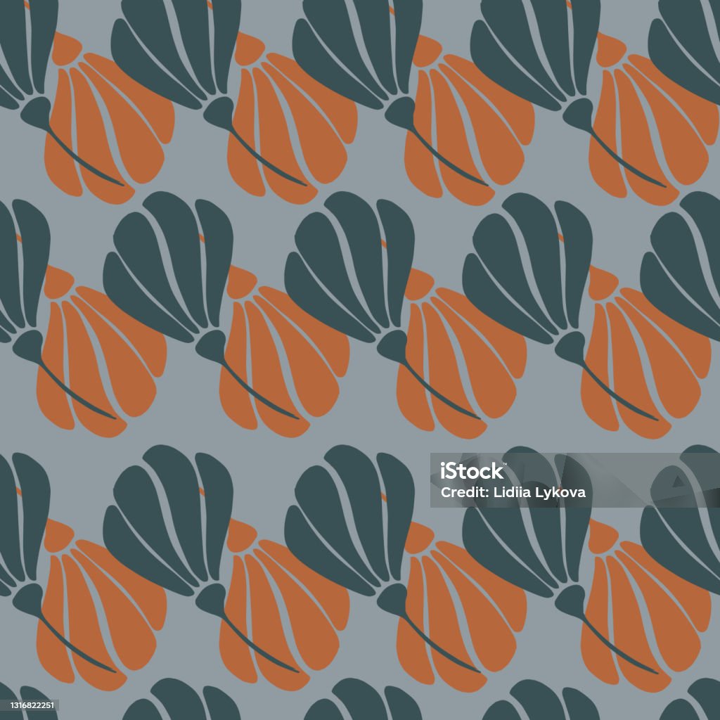 Navy Blue And Orange Colored Flowers Silhouettes Seamless Pattern