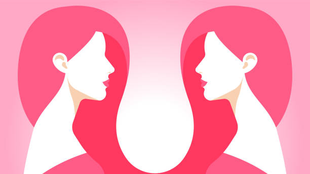 Two twins look at each other. Identical women with long pink hair. Female portraits, side view, head and shoulder. The concept of identity, similarity, reflection. Abstract vector illustration. woman fortune telling stock illustrations