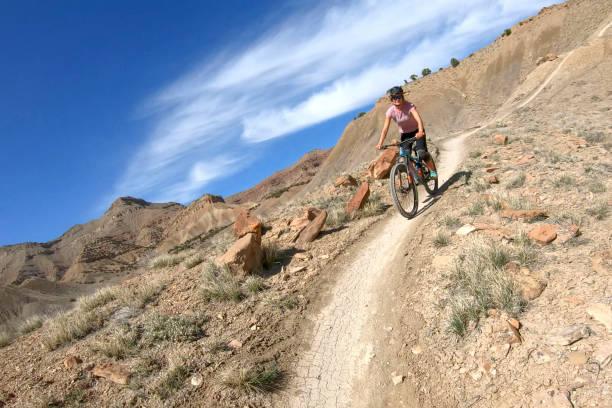 istock Female mountain biker follows trail along mountain ridge 1316823295