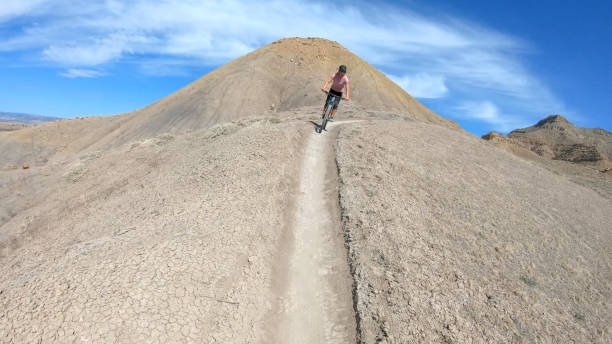 istock Female mountain biker descends mountain ridge 1316823369