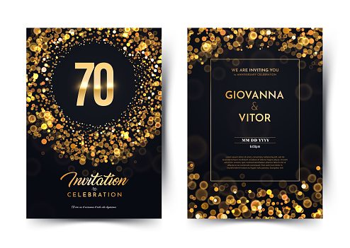 70th years birthday vector black paper luxury invitation double card. Seventy years wedding anniversary celebration brochure. Template of invitational for print dark background with bokeh lights.