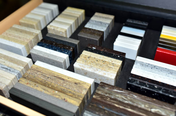 istock Samples of acrylic artificial stone for countertops. Artificial stone for interior decoration in the construction in houses 1316824063