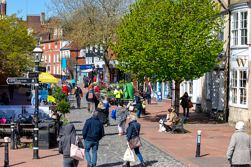 Lewes, England - May 07, 2021: Everyday life and people shopping in downtown Lewes.