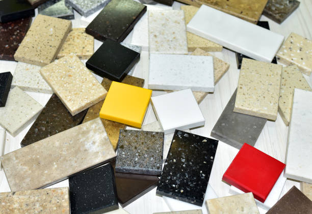 istock Samples of acrylic artificial stone for countertops. Artificial stone for interior decoration in the construction in houses. 1316825599