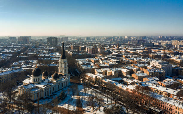 Air panorama of city center with Orthodox Cathedral in Odessa, Ukraine. Drone footage, winter time and sunny day. Air panorama of city center with Orthodox Cathedral in Odessa, Ukraine. Drone footage, winter time and sunny day. odessa ukraine photos stock pictures, royalty-free photos & images