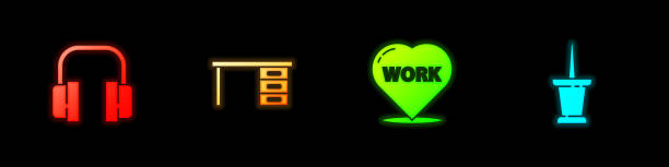 istock Set Headphones, Office desk, Heart with text work and Push pin icon. Vector 1316828741