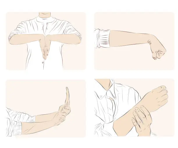 Vector illustration of Hand and wrist exercises for long working people Prevents arthritic tendonitis.