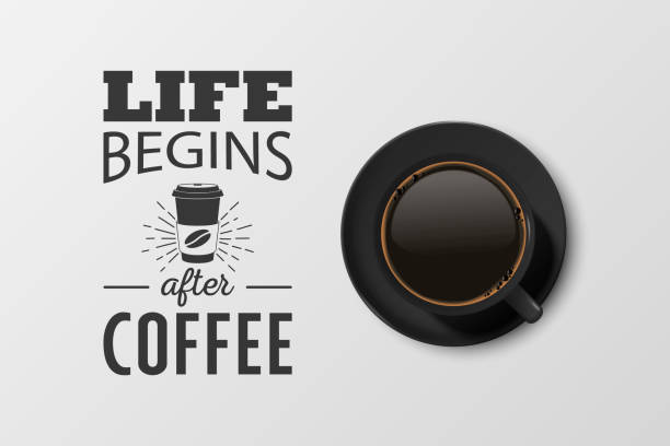 ilustraciones, imágenes clip art, dibujos animados e iconos de stock de vector 3d realista negro cerámica porcelana taza con café negro - espresso, moca, americano. taza de café con cita tipográfica, frase sobre el café. ilustración de stock. plantilla de diseño. vista superior - black coffee mocha high angle view black