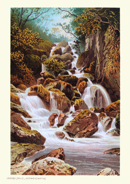 wodospad lodore falls, derwentwater, angielski lake district, wiktoriańska xix-wieczna sztuka krajobrazowa - old fashioned scenics engraving river stock illustrations