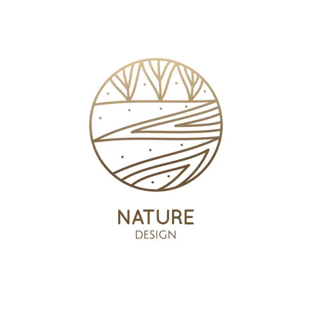 Vector illustration of Vector  of nature elements in linear style. Linear icon of landscape with trees, river, fields or lake