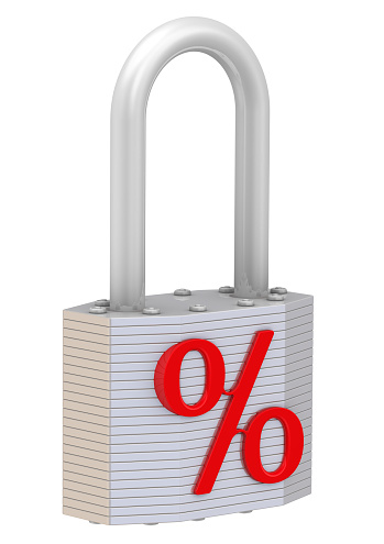 Padlock with a red symbol of PERCENT. Financial concept. Isolated. 3D illustration