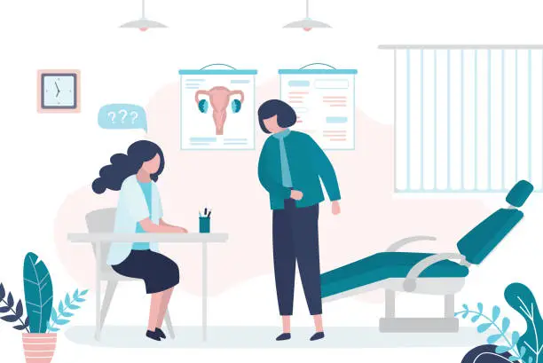 Vector illustration of Female character at reception at gynecologist. Annual gynecological examination for women