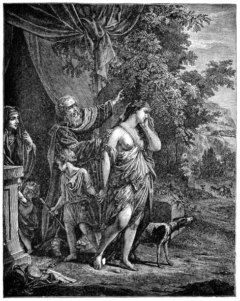 The Expulsion of Hagar and Ishmael by Sir Anthony van Dyck - 17th Century The Expulsion of Hagar and Ishmael by Sir Anthony van Dyck (circa 17th century). Vintage etching circa late 19th century. father abraham stock illustrations