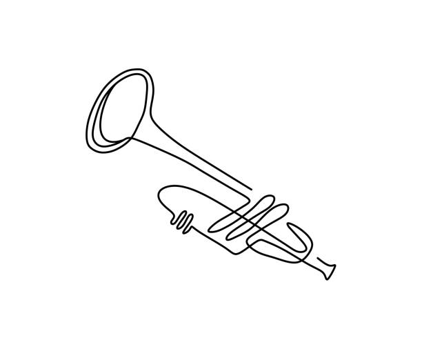 kontinuierliche einzeilende zeichnung des trompetenmusikinstruments. einfaches monoline vektordesign. - trumpet stock-grafiken, -clipart, -cartoons und -symbole