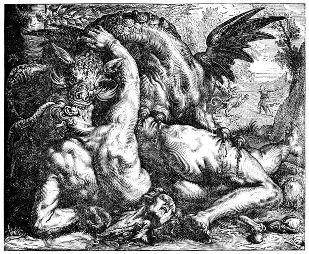 illustrations, cliparts, dessins animés et icônes de le dragon dévorant les compagnons de cadmus par hendrick goltzius - 16ème siècle - mythological character