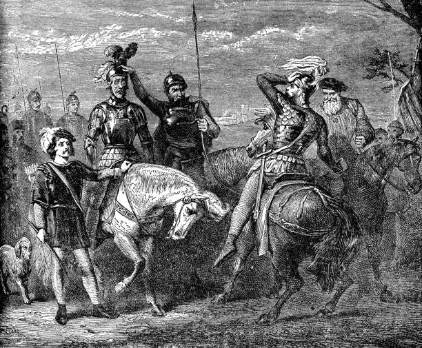 ilustraciones, imágenes clip art, dibujos animados e iconos de stock de la leyenda de el cid (rodrigo díaz de vivar) atado a su caballo después de la muerte por la moral de las tropas - siglo xii - personal militar español