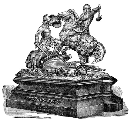 Stockbridge Cup Stakes statue from Stockbridge Racecourse in Hampshire, England; dated 1882. Vintage etching circa 19th century.