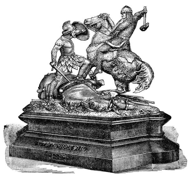 Stockbridge Cup Stakes Statue, Dated 1882 - 19th Century Stockbridge Cup Stakes statue from Stockbridge Racecourse in Hampshire, England; dated 1882. Vintage etching circa 19th century. wrexham stock illustrations