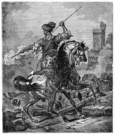 Mamluk soldier fighting in the heat of a battle. Vintage etching circa 19th century.