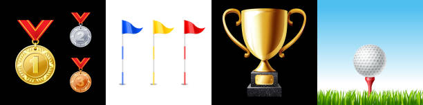 ilustraciones, imágenes clip art, dibujos animados e iconos de stock de conjunto de iconos de golf. bandera, bola, copa de trofeos y medalla - silver medal award ribbon green