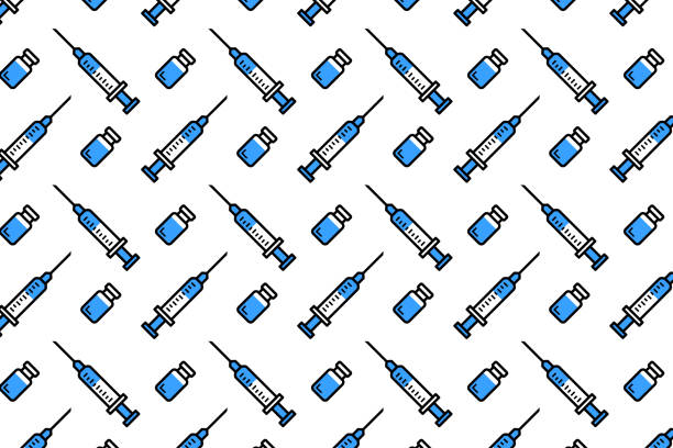 ilustrações, clipart, desenhos animados e ícones de seringa com agulha e frasco padrão perfeito - vacina