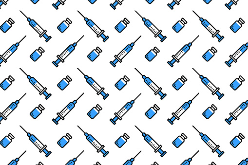 Syringe with needle and vial seamless pattern on white background. Concept of vaccination, injection.