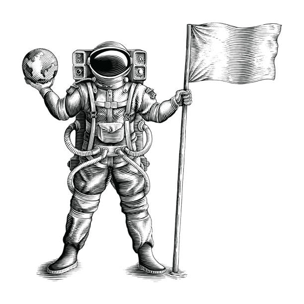 宇宙飛行士立って掲げ旗と地球の手は、白い背景に隔離ヴィンテージ彫刻スタイルの黒と白のクリップアートを描きます - 彫り込み点のイラスト素材／クリップアート素材／マンガ素材／アイコン素材