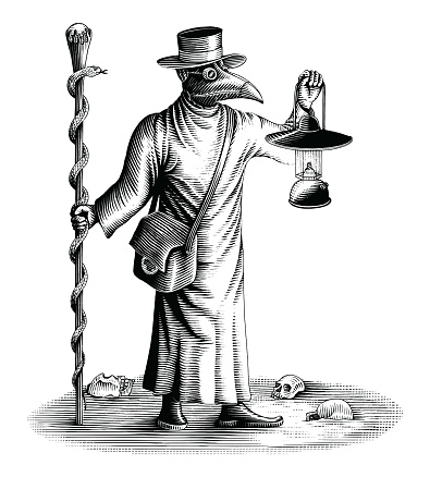 Plague doctor holding a lamp and a magic wand hand draw vintage engraving style black and white clip art isolated on white background