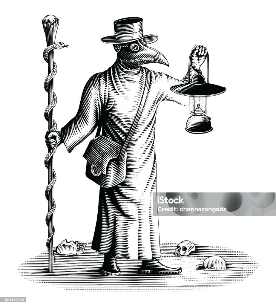 Plague doctor holding a lamp and a magic wand hand draw vintage engraving style black and white clip art isolated on white background Epidemic stock vector