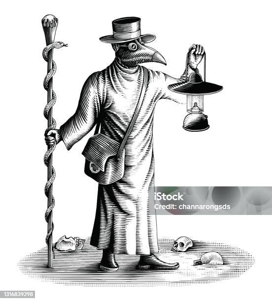 Plague Doctor Holding A Lamp And A Magic Wand Hand Draw Vintage Engraving Style Black And White Clip Art Isolated On White Background Stock Illustration - Download Image Now