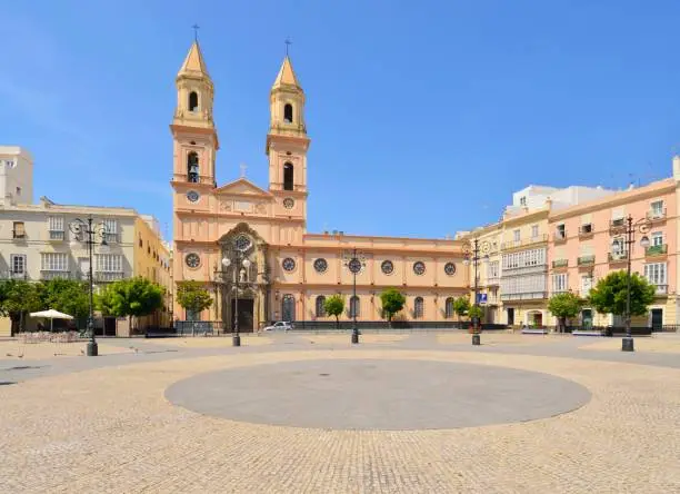 The San Antonio Catholic church in plaza de san antonio, Cádiz on a bright spring day