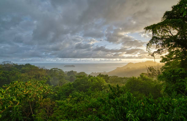 Vibrant Sunrise over the Wild Untamed Coastal Beauty of Manuel Antonio National Park on the Pacific Coast of Costa Rica Sunrise over the Wild Untamed Coastal Beauty of Manuel Antonio National Park on the Pacific Coast of Costa Rica pacific coast stock pictures, royalty-free photos & images