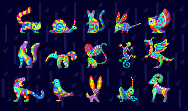 zestaw kolorowych alebrijes kultury meksykańskiej - craft product stock illustrations