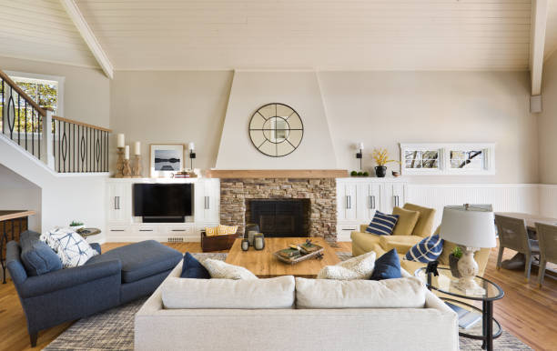 istock Modern Living Room Home Interior Design with fireplace and Television 1316850948