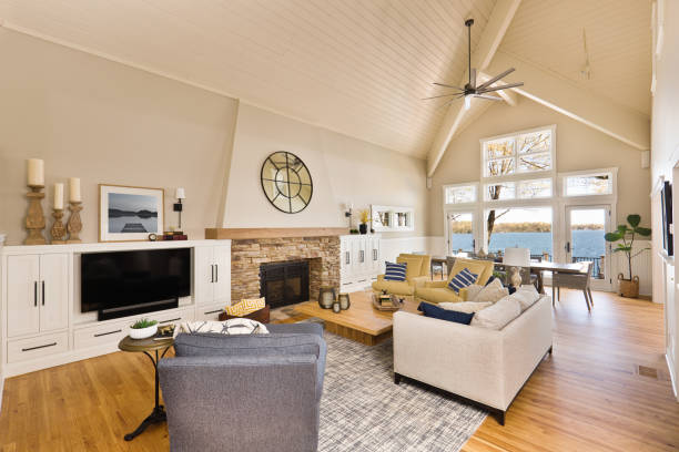 istock Modern Living Room, dining Room Open Concept Home Interior Design with fireplace and Television 1316850949
