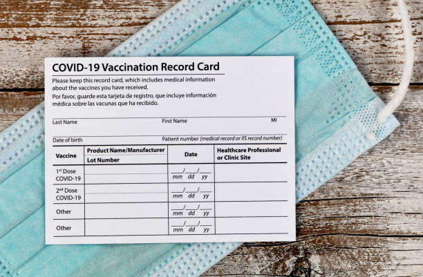 istock Covid 19 vaccination record card with facemask in close up view.  Individual record for use during the covid 19 coronavirus global pandemic 1316853600