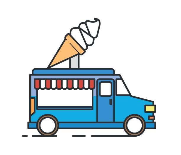 illustrations, cliparts, dessins animés et icônes de camion de nourriture de rue. illustration colorée de ligne plate de camion de crème glacée. - camionnette de vendeur de glaces