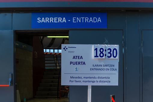 San Sebastian, Gipuzkoa. Spain. May 6, 2021: Access doors to the vaccination center, maximum vaccination of the covid-19 population. Coronavirus