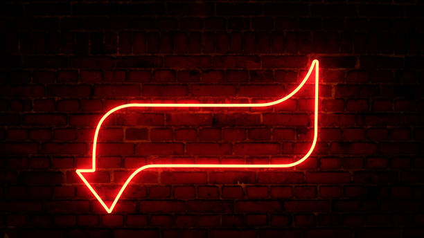 3D rendering of glowing neon arrows on a brick wall background