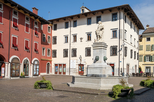 Cividale del Friuli, Italy. May 5, 2021.  panoramic view of Piazza Paolo Diacono with the fountain in the center