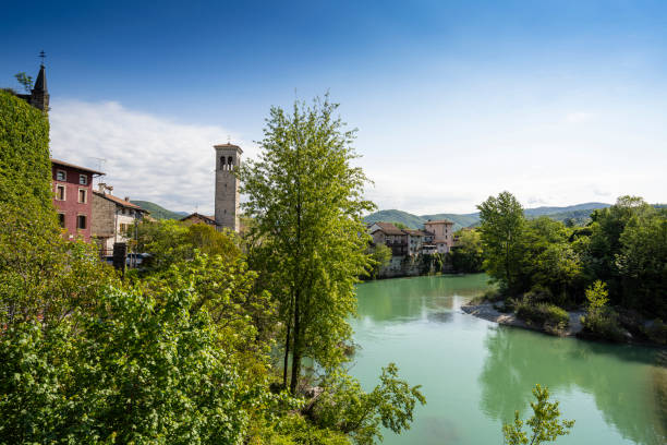 Cividale del Friuli, Italy. May 5, 2021.  panoramic view of the Natisone river in the town center